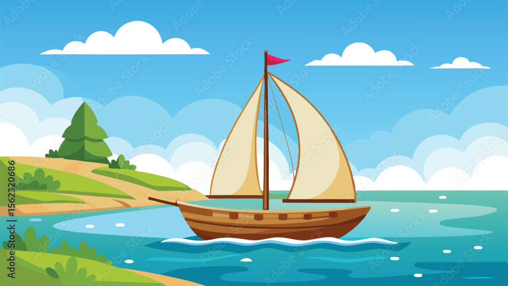 Fototapeta premium Cartoon Sailboat Sailing on Blue Water Near Green Land with Cloudy Sky Scene