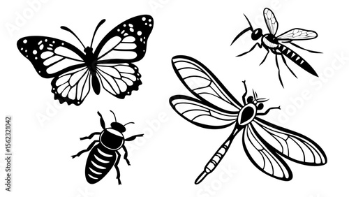 Collection of Insect Silhouettes – Butterfly, Bee, and Dragonfly in Natural Poses Isolated on White Background for Nature, Garden, and Wildlife Design
