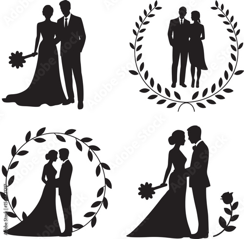 Elegant Wedding Couple Silhouettes with Floral Wreaths – Romantic Black and White Vector Set
