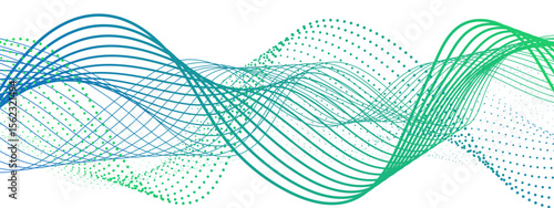 Foto Vibrant, abstract wave composition with smooth green and teal curved lines interwoven with dotted halftone patterns