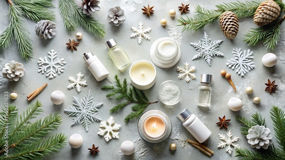 Winter season spa beauty concept featuring snowflakes, evergreens, candles, and assorted skin care products for rejuvenation. Winter season spa beauty concept featuring snowflakes, evergreens, candles, and assorted skin care products for rejuvenation.