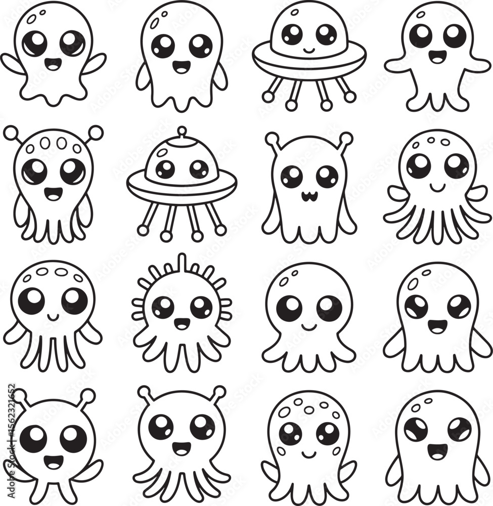 Fototapeta premium Sixteen Cute Blackand White Line Art Alien Octopusand U F O Designs Kawaii Style Illustrations vector 1