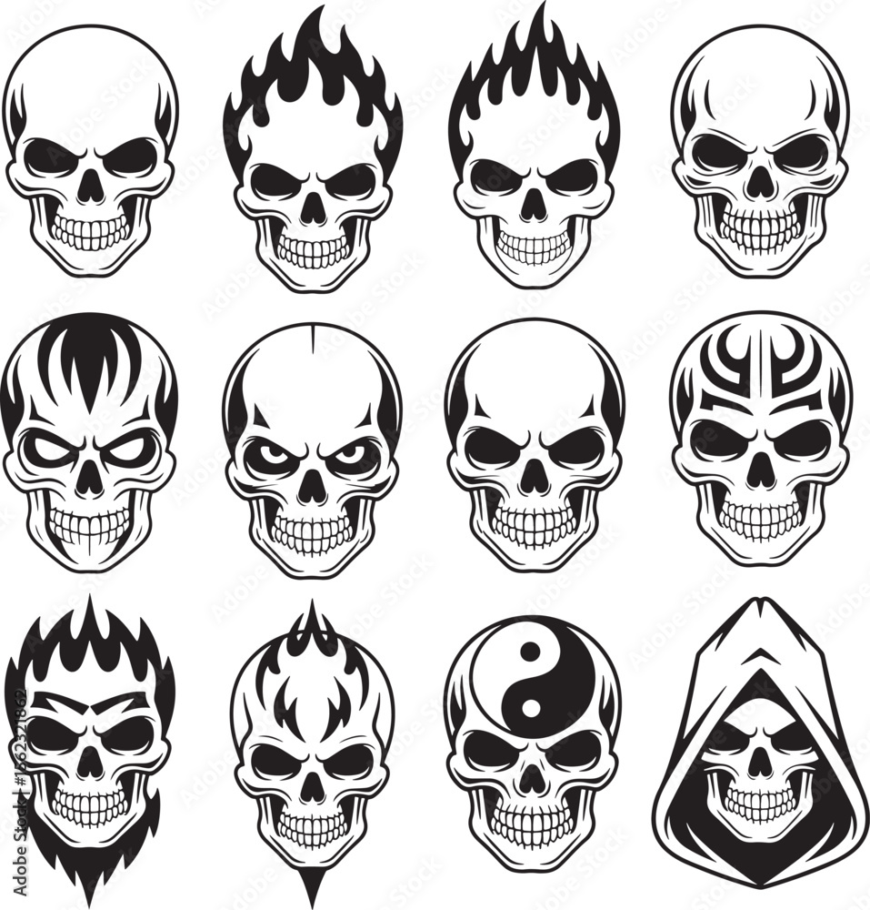 Twelve Black and White Skull Designs with Tribal Flames Yin Yang and Hooded Variations skulls monochrome Twelve Black and White Skull Designs with Tribal Flames Yin Yang and Hooded Variations skulls monochrome