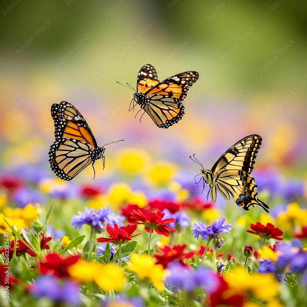 Fototapeta premium Butterfly trio flying above a flower patch, captured in afternoon sunlight