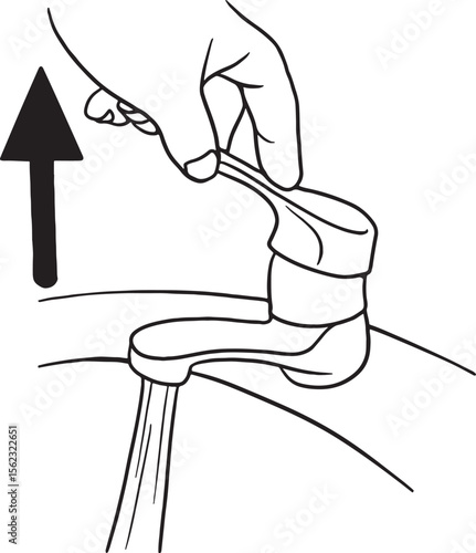 Line art illustration demonstrating how to turn on a water tap, complete with an upward arrow for instruction. Perfect for user manuals, DIY guides, plumbing tutorials.