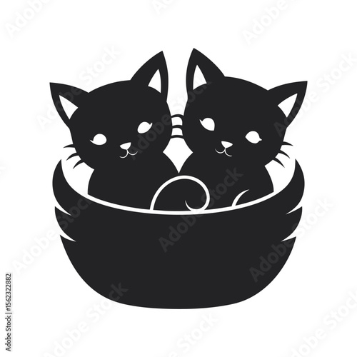 Cats Cuddling In Basket Silhouette