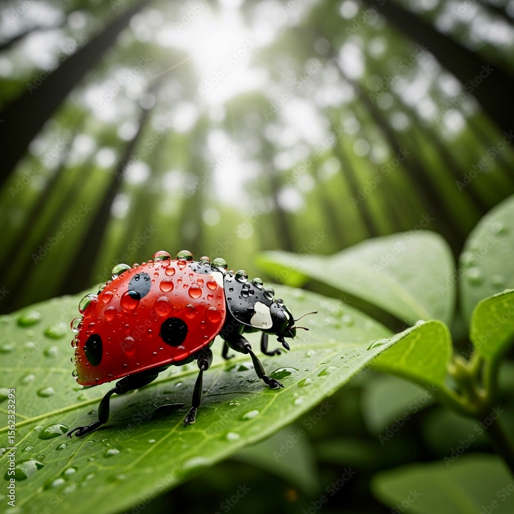 Obraz premium Realistic view of a ladybug with rain droplets, forest canopy background