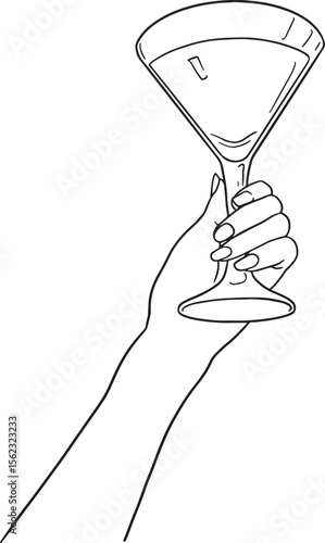 Raise a glass to celebration! This elegant line art features a hand holding a classic martini glass, perfect for conveying themes of parties, cocktails, luxury, and festive occasions. 