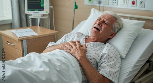 Senior man in hospital bed suffering from chest pain
