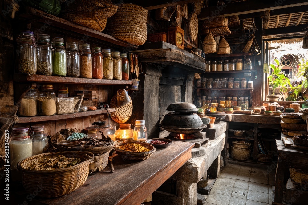 Fototapeta premium Rustic kitchen scene with jars baskets pottery and a woodburning stove under natural light