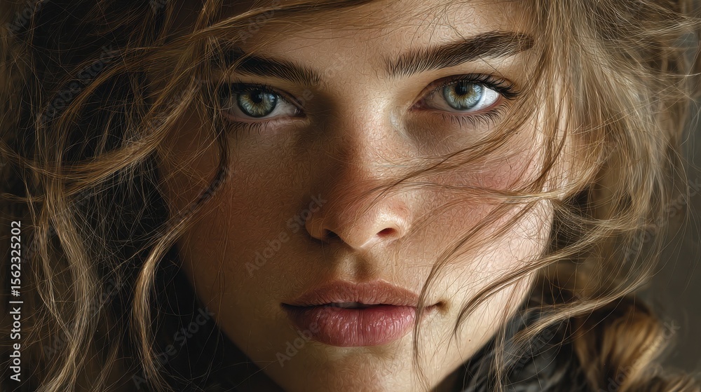Portrait of a young woman with tousled hair and expressive features, emphasizing natural beauty and artistry Portrait of a young woman with tousled hair and expressive features, emphasizing natural beauty and artistry