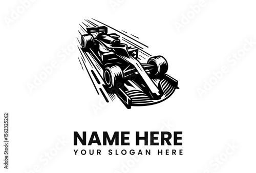 A high-speed black and white illustration of a Formula 1 race car speeding.