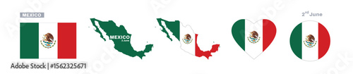 mexico flag and map set. mexico flag in official colors and proportions. independence day 2 june, map, circle and heart shaped mexico 