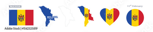 moldova flag and map set. moldova flag in official colors and proportions. independence day 11 february , map, circle and heart shaped moldova 