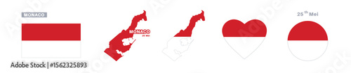 monaco flag and map set. monaco flag in official colors and proportions. independence day 25 mei , map, circle and heart shaped monaco 