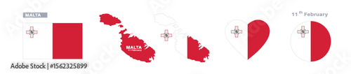 malta flag and map set. malta flag in official colors and proportions. independence day 11 february , map, circle and heart shaped malta 