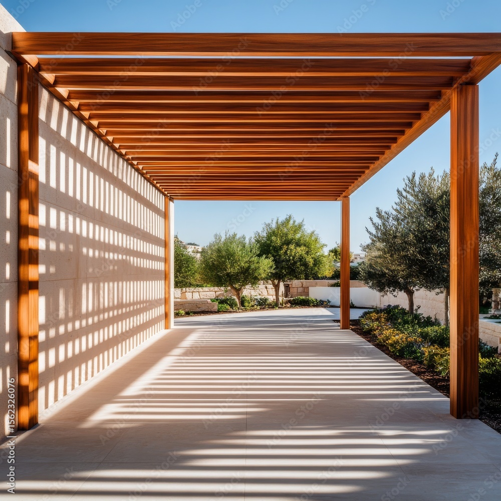 Fototapeta premium Wooden Pergola Path Light and Shadow, Garden Design , Architecture