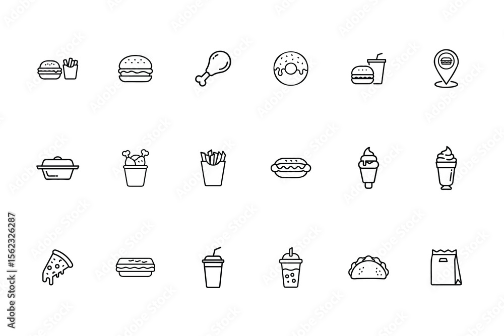 Φωτογραφία Line art fast food icons set including burgers fries chicken donut pizza drinks