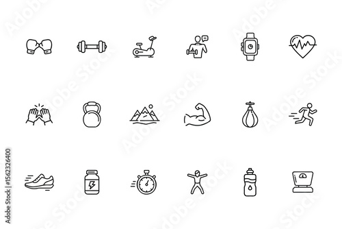 Line icons fitness sports equipment including boxing gloves dumbbell running man