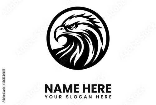 A stylized black and white eagle head logo design within a circle, with text below.