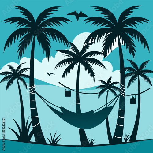 Repeating hammock and coconut tree silhouettes