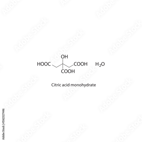 Citric acid monohydrate skeletal structure. Hydrated tricarboxylic acid compound schematic illustration. Simple diagram, chemical formula.