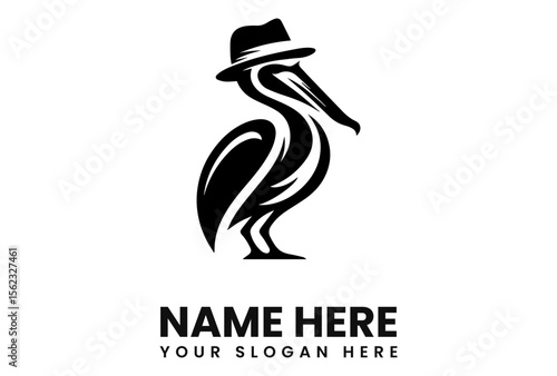 Stylish pelican logo design, wearing a fedora hat,  black and white illustration.