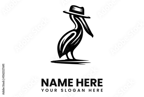 Stylized illustration of a pelican wearing a fedora hat, presented as a logo concept.