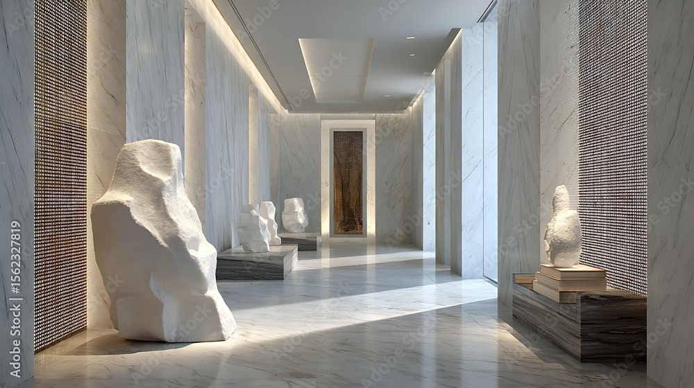Obraz premium A minimalist white marble hallway with soft recessed lighting, contemporary sculpture pieces, and polished stone surfaces