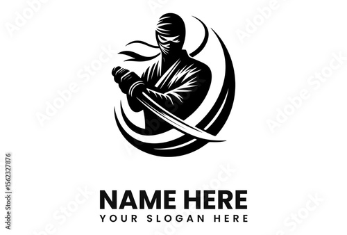 A stylized black and white illustration of a ninja with a sword.