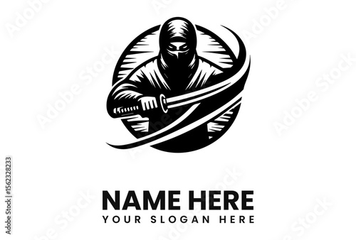 A black and white illustration of a ninja holding a curved sword, ready to strike.