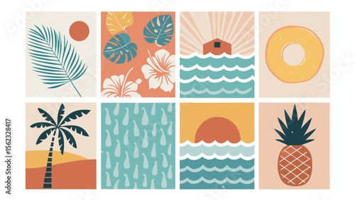 Eight Mid Century Modern Summer Illustrations Tropical Leaves Beach Pineapple