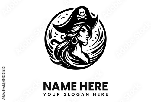 Elegant female pirate logo design, black and white, circular frame, flowing hair.