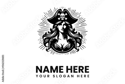 A black and white illustration of a pirate woman wearing a hat.