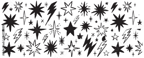 Star and flash doodle scribble icons. Rock and punk lightning, hand drawn line sketch vector. Music thunder crayon cartoon set. Stars and flash fire brush illustration. Chalk crayon texture element bg
