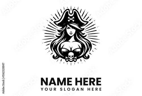 A stylized female pirate captain logo,  with long hair, a tricorn hat, and a skull and crossbones.