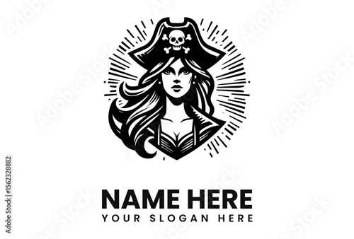 Illustration of a woman wearing a pirate hat with a skull, surrounded by radiating lines.