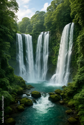 Majestic Multi-Tier Waterfalls Flowing into Turquoise Pool in Lush Tropical Forest
