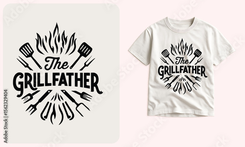 The Grillfather T-Shirt Design – Funny BBQ Typography with Grill Tools and Flames, Perfect for Dad, Barbecue King, Father’s Day or Summer Cookout Apparel Mockup