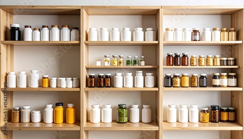 Wallpaper Mural Array Of Pharmaceutical Bottles On Wooden Shelves In A Well Lit Room Torontodigital.ca