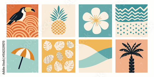 Eight Summer Illustrations Toucan Pineapple Flower Umbrella Palm Leaves