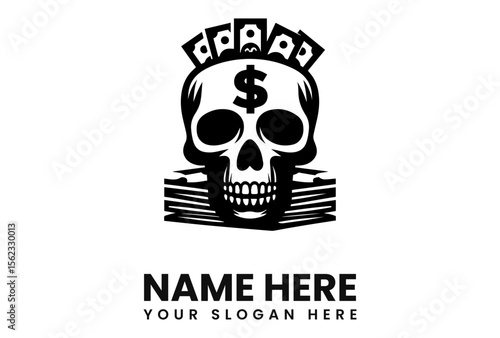 A monochrome skull with a dollar sign and cash, representing wealth and mortality.