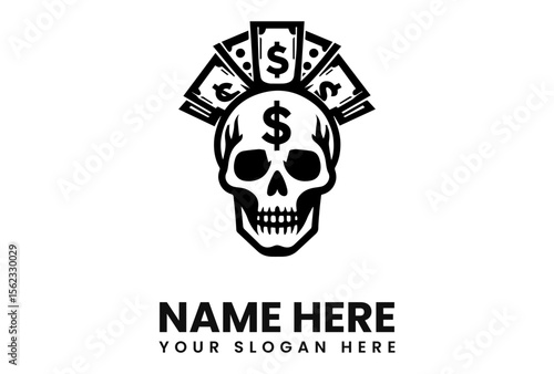 Skull with dollar sign on forehead and money as crown, black and white.