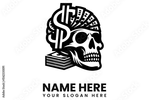 A black and white skull illustration with money and dollar sign elements, representing wealth.