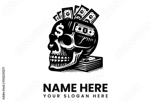 Graphic image of a skull with money inside and on top of it, black and white.