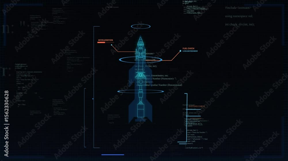 Rocket schematic forming on load rotating rings tagging acceleration fuel system for launch check