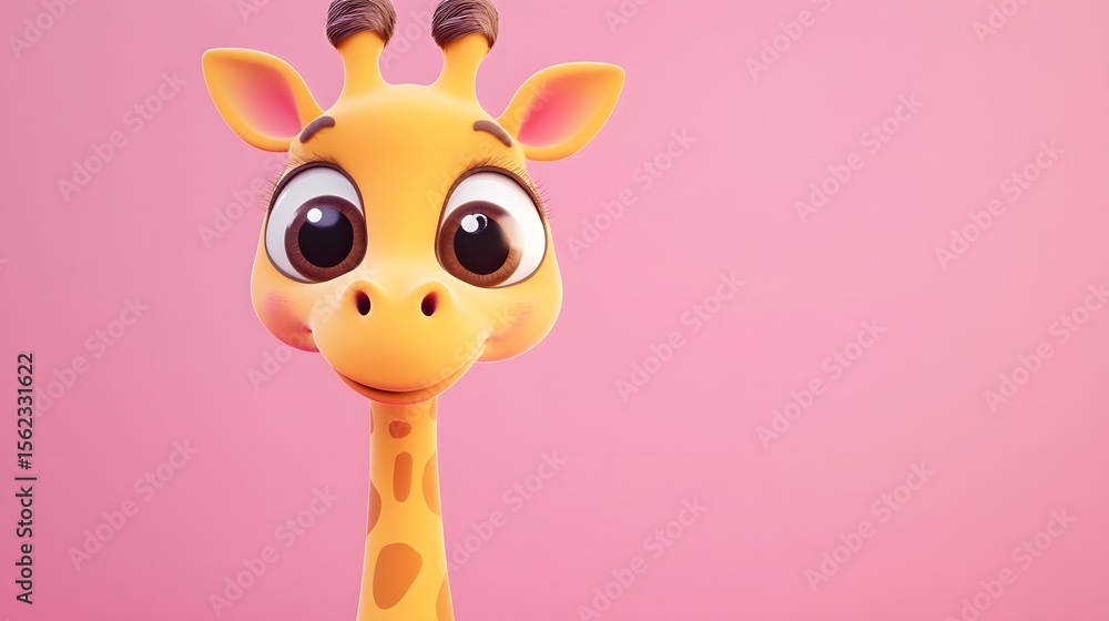 Obraz premium 3D render of a cute, cartoon giraffe with big eyes and a playful expression.