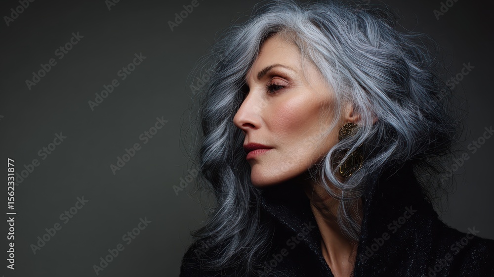 Naklejka premium A captivating portrait of an elegant mature woman with vibrant gray hair, exuding confidence and poise. Her serene expression adds depth to the imagery's beauty.