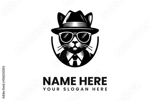 Fotografia A stylized black and white logo featuring a cat dressed as a detective