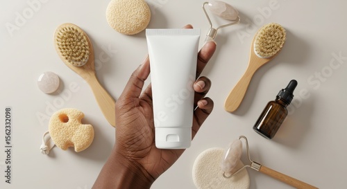Skincare Tube Mockup on Brown Skin Hand with Clean Beauty Accessories
